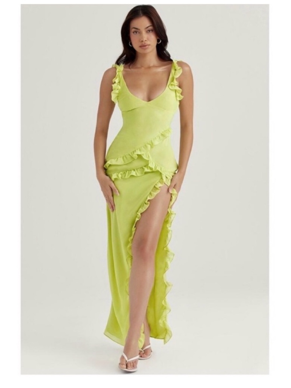 House of CB Green Ruffled Slit Maxi Dress